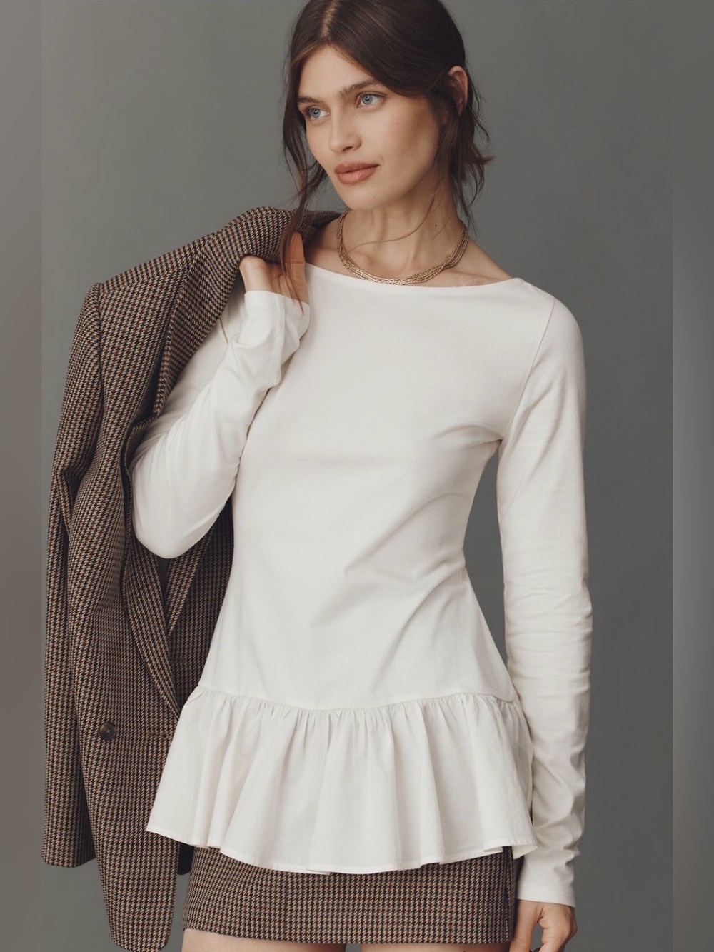 Maeve Ivory Long-Sleeve Peplum Top